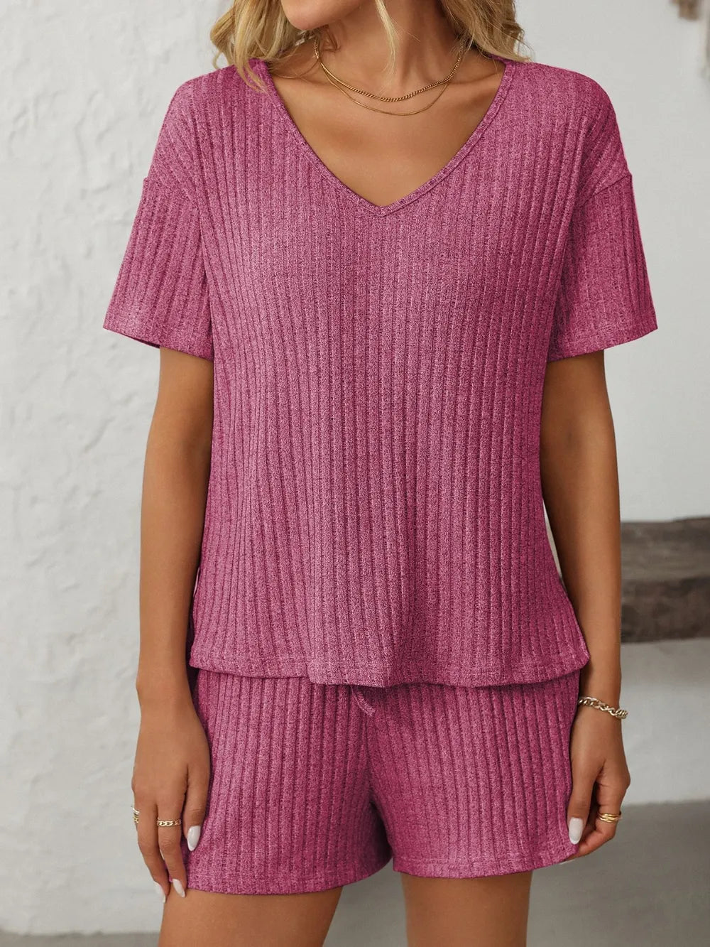 Solid Color Ribbed Short Sleeve Sleepwear Set