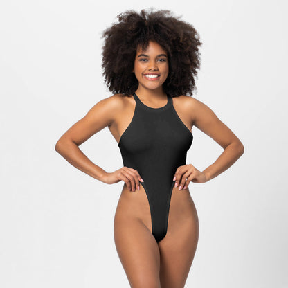 Women's Solid Color High Fork Tight Ribbed Halter Bodysuit