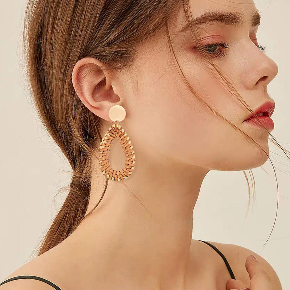 Handmade Wooden Rattan Woven Drop-Shaped Earrings