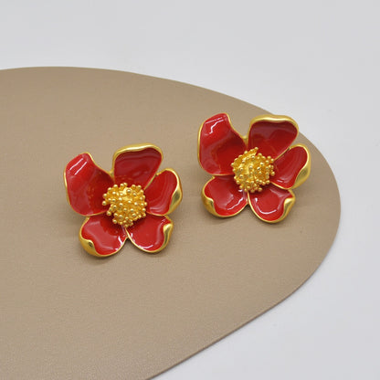 Heavy Industry Red Drip Oil Flower Earrings Vintage Fashion Earrings