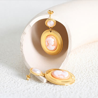 Baroque Imitation Pearl Oval Portrait Earrings – Gold-Plated Titanium Steel