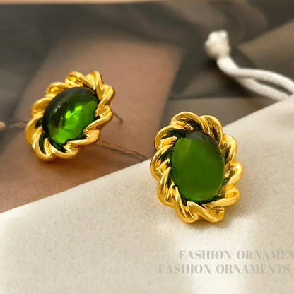 Silver Needle Vintage Temperament Green Glass Earrings For Women Party Gifts Delicate Design Style