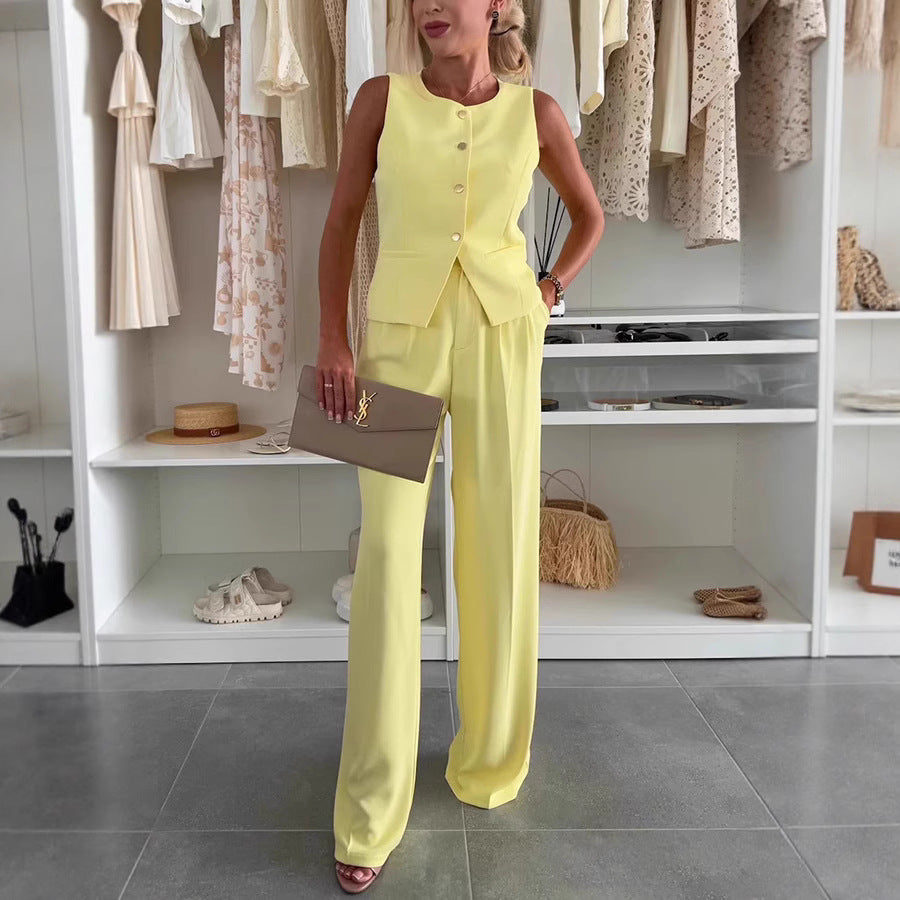 Solid color button pocket front buckle office summer vest suit pants set