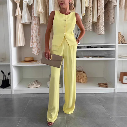 Solid color button pocket front buckle office summer vest suit pants set