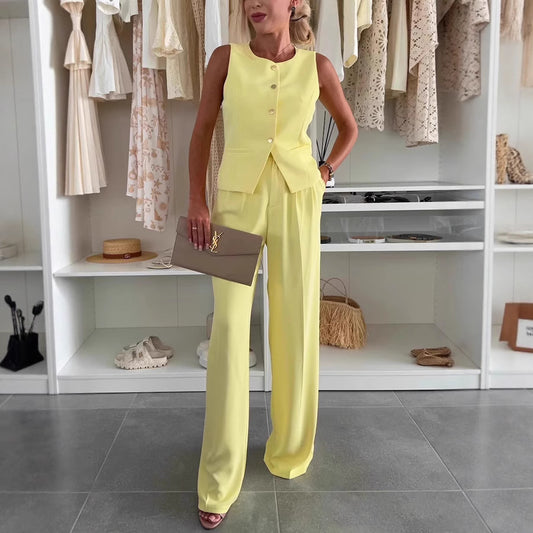 Solid color button pocket front buckle office summer vest suit pants set