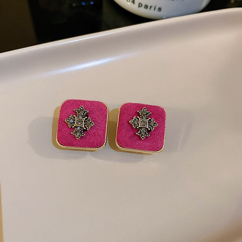 Retro Rose Red Square Dangle Earrings
