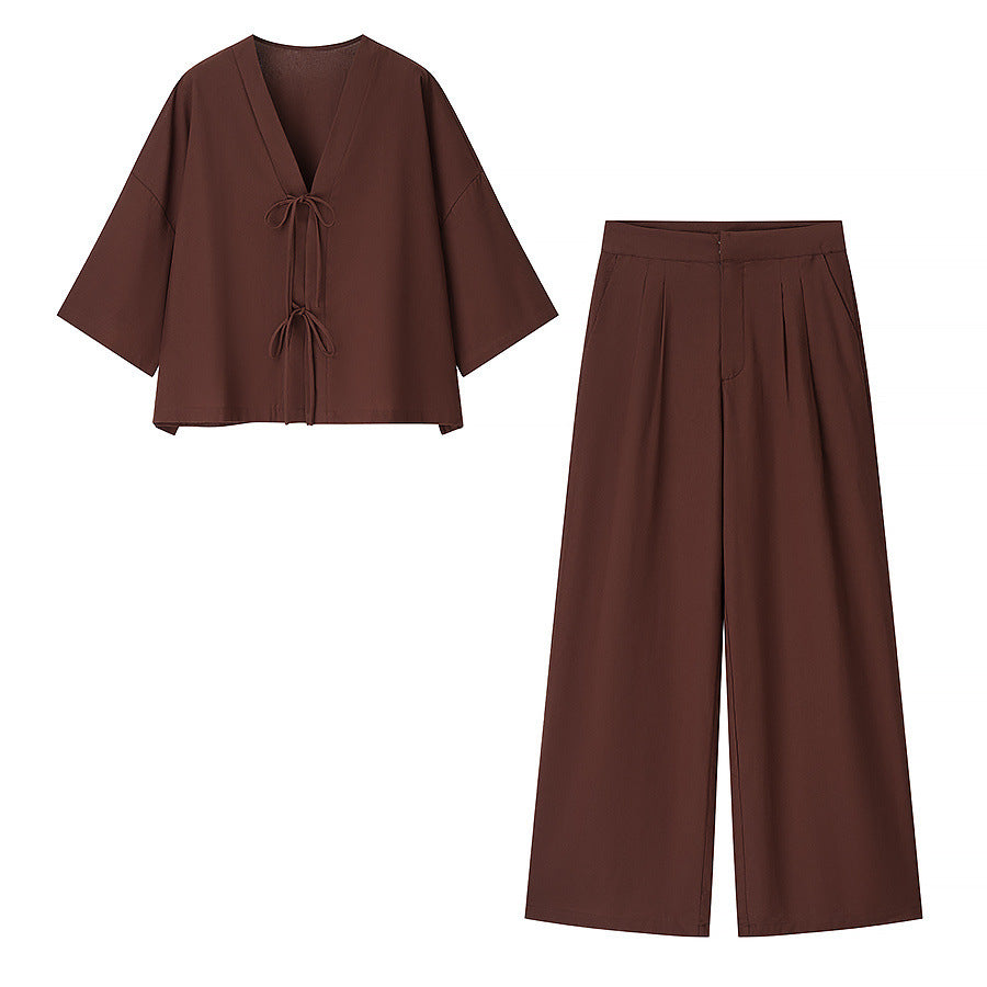 Solid color top+straight leg pants set