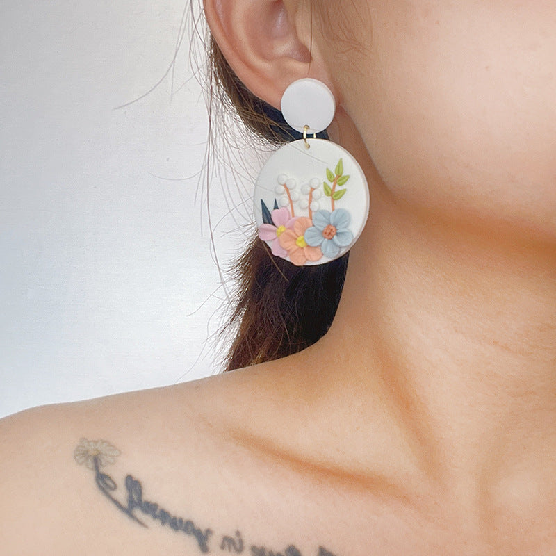 Handmade All Season Flora Flower Polymer Clay Earrings for Women Colorful Floral Round Drop Earrings Lightweight Jewelry