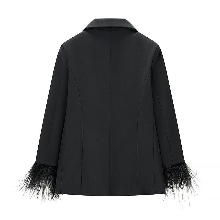 Feather decorative jacket+high waisted pants set