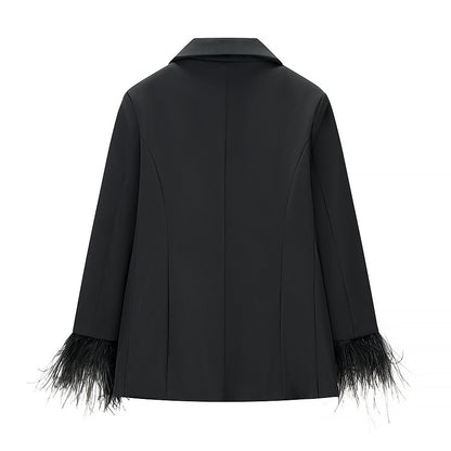 Feather decorative jacket+high waisted pants set