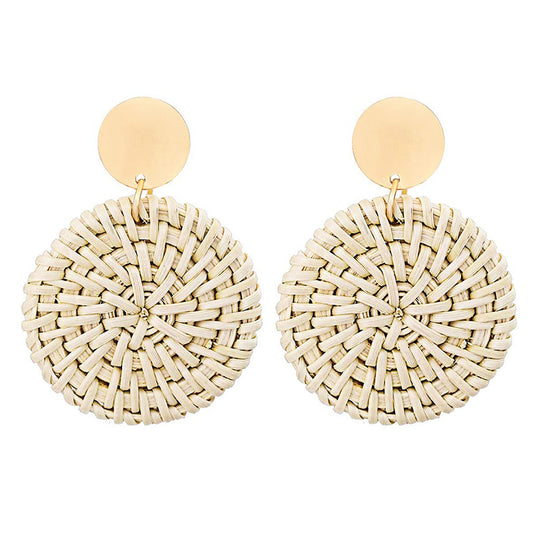 Handmade Wooden Rattan Round Cake-Shaped Earrings