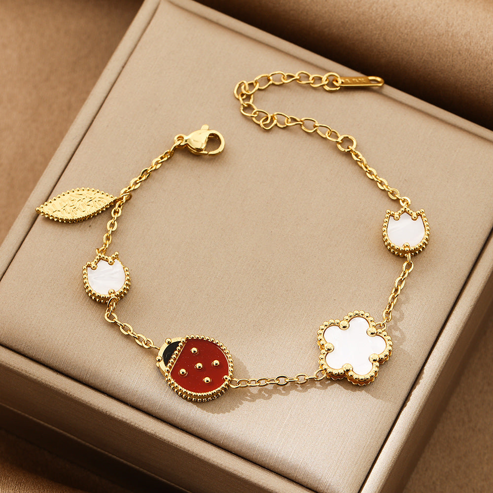 Cherry Blossom Stainless Steel Ladybug Double sided Fritillaria Bracelet