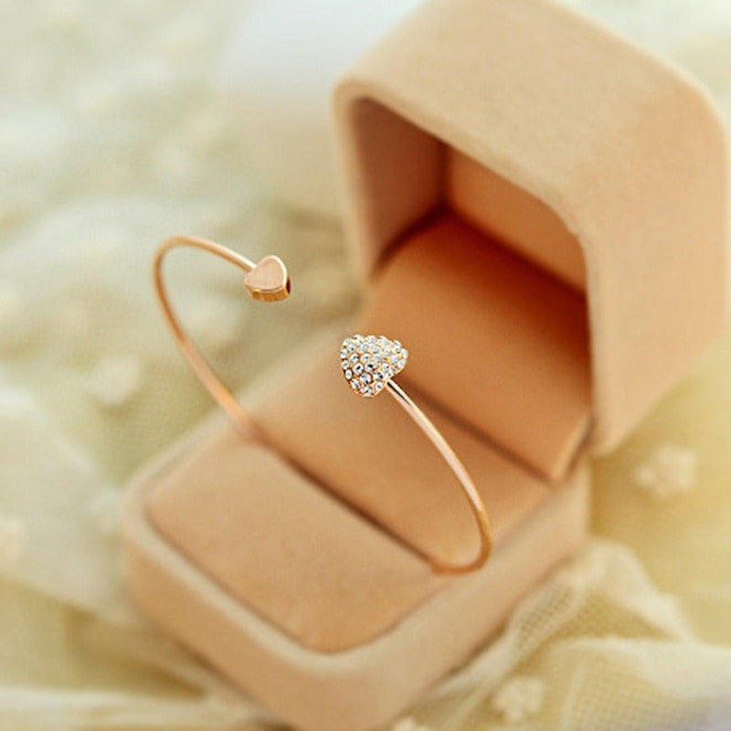 Adjustable Crystal Double Heart Bow Cuff Bracelet