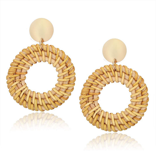 Exaggerated Handmade Rattan Woven Copper & Wood Earrings