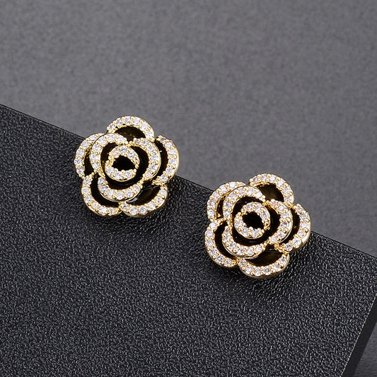 Retro Black Camellia Diamond Earrings – Light Luxury Simple Temperament Jewelry for Women