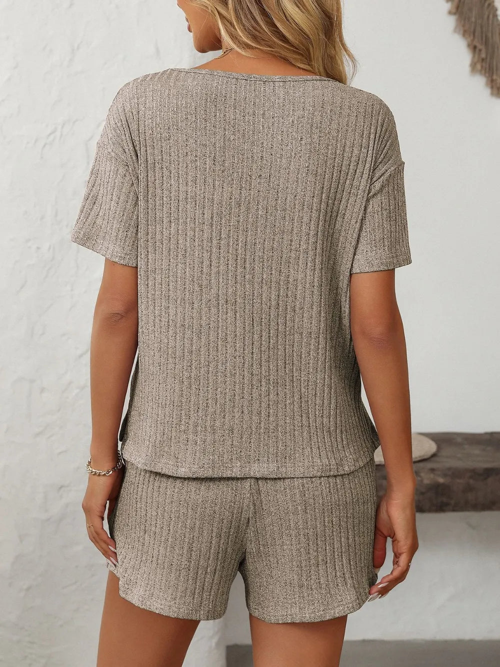 Solid Color Ribbed Short Sleeve Sleepwear Set