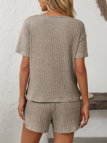 Solid Color Ribbed Short Sleeve Sleepwear Set