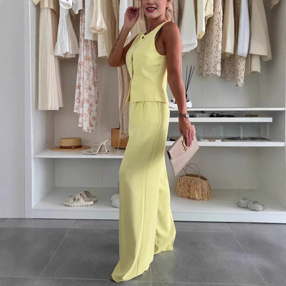 Solid color button pocket front buckle office summer vest suit pants set
