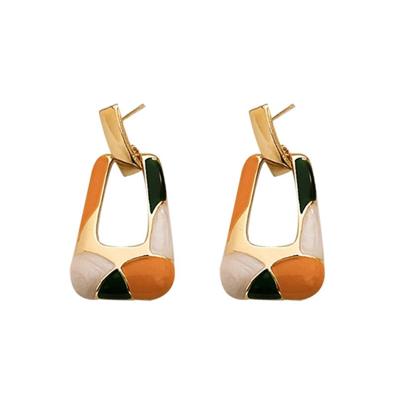 Minar Trapezoid Colorful Enamel Hollow Geometric Long Dangle Earrings