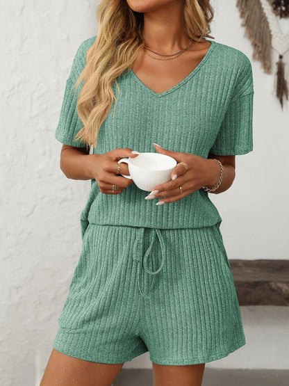 Solid Color Ribbed Short Sleeve Sleepwear Set