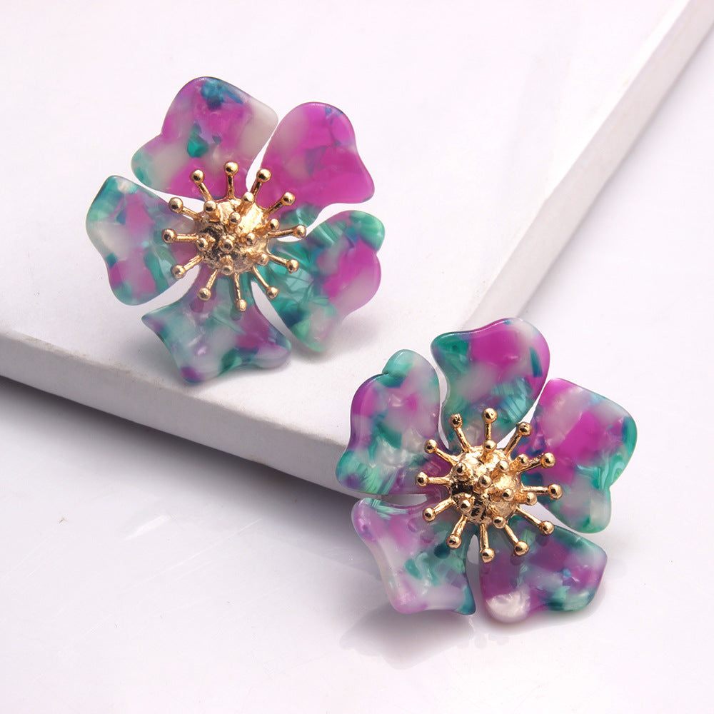 Retro Acetic Acid Acrylic Earrings – Exaggerated Floral & Leopard Wave Design