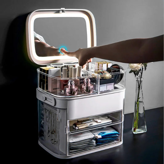 LED Makeup Mirror With Light Cosmetic Storage Box Lipstick Finishing Box Drawer Type Vanity Mirror Skin Care Product Storage Box