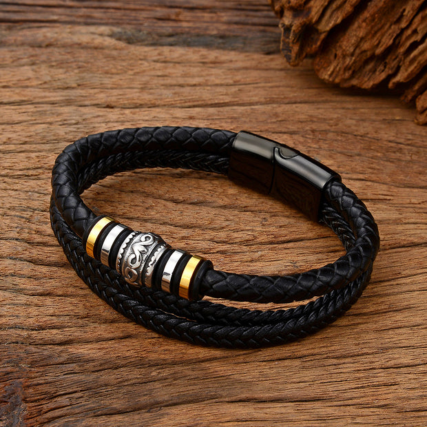 Men's Fashion Stainless Steel Multi-layer Leather Bracelet