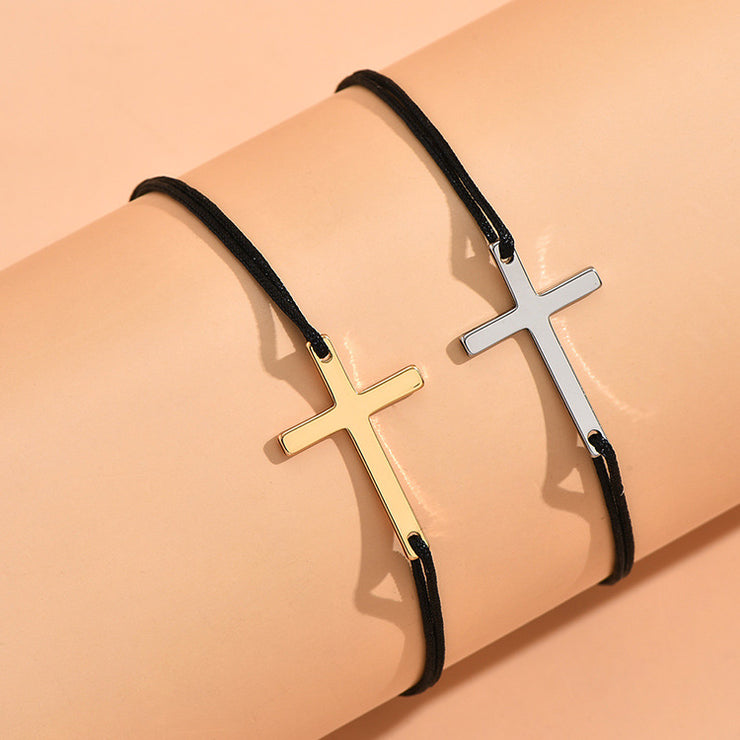 Simple Alloy Cross Wax Rope Couple Bracelet Pair