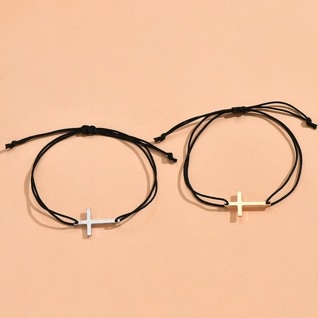 Simple Alloy Cross Wax Rope Couple Bracelet Pair