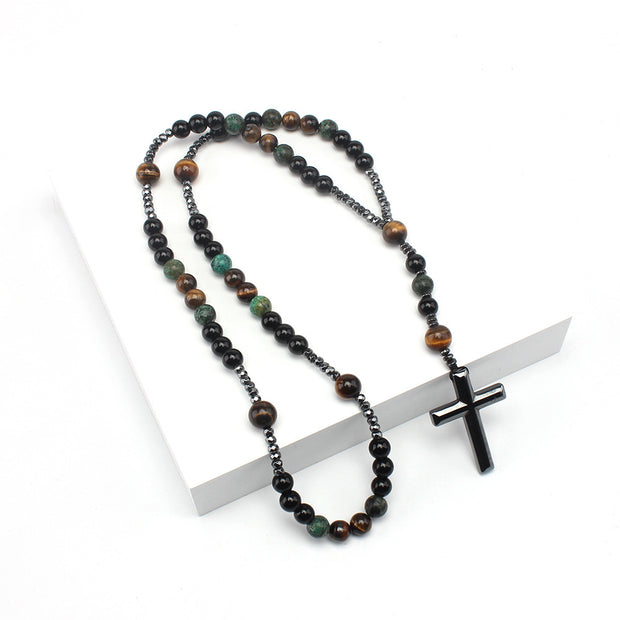 Vintage Natural Stone Men's Long Cross Necklace Sweater Chain