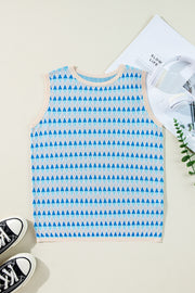 Sky Blue Stripe Geometric Print Round Neck Slim Fit Sweater Vest