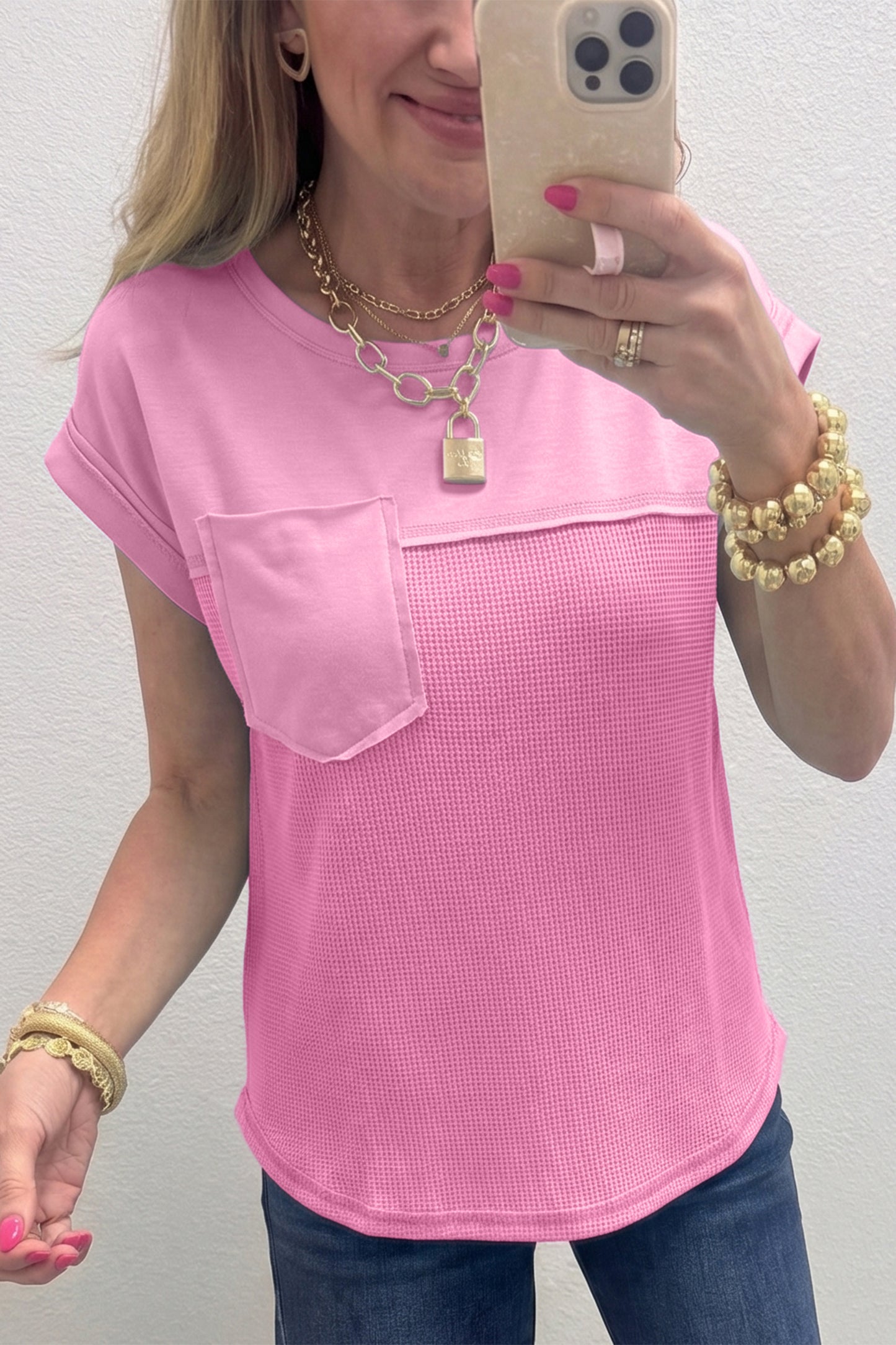 Pink Solid Color Raw Seam Waffled Patchwork Casual T Shirt