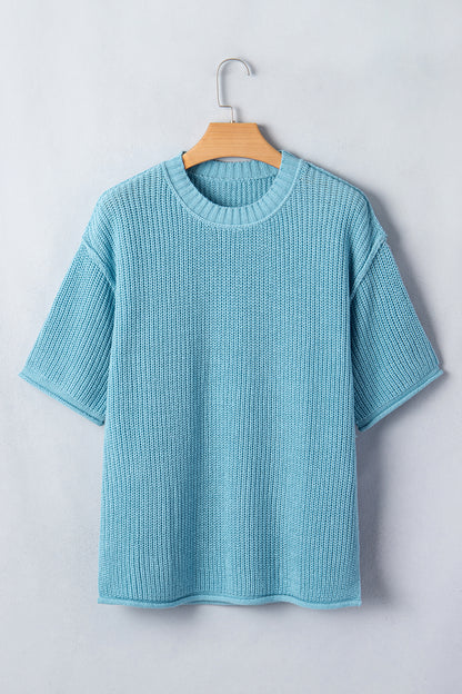 Mist Blue Exposed Seam Detail Half Sleeve Loose Sweater