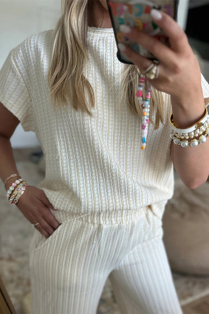 Beige Texture Loose Short Sleeve Top and Cropped Pant Set