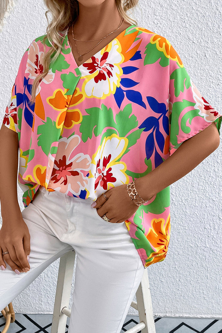 Floral Print V-Neck Short Raglan Sleeve Blouse