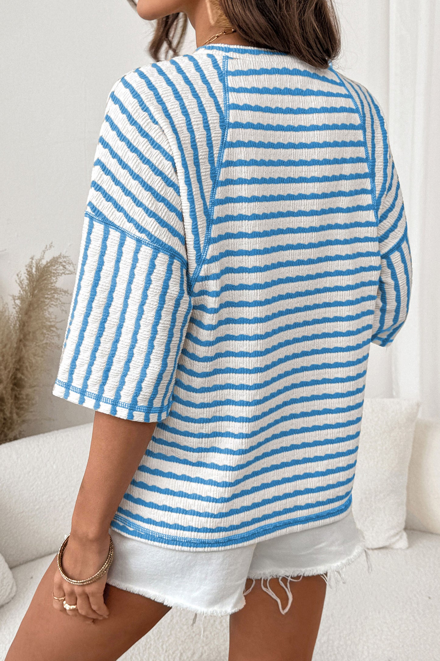 Apricot Stripe Textured Knit Split Hem Half Sleeve Loose Top