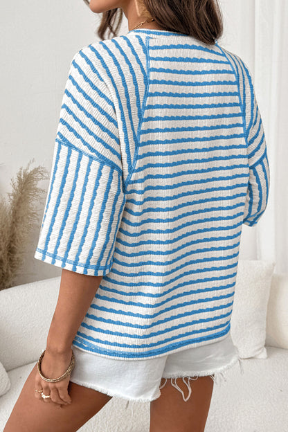 Apricot Stripe Textured Knit Split Hem Half Sleeve Loose Top