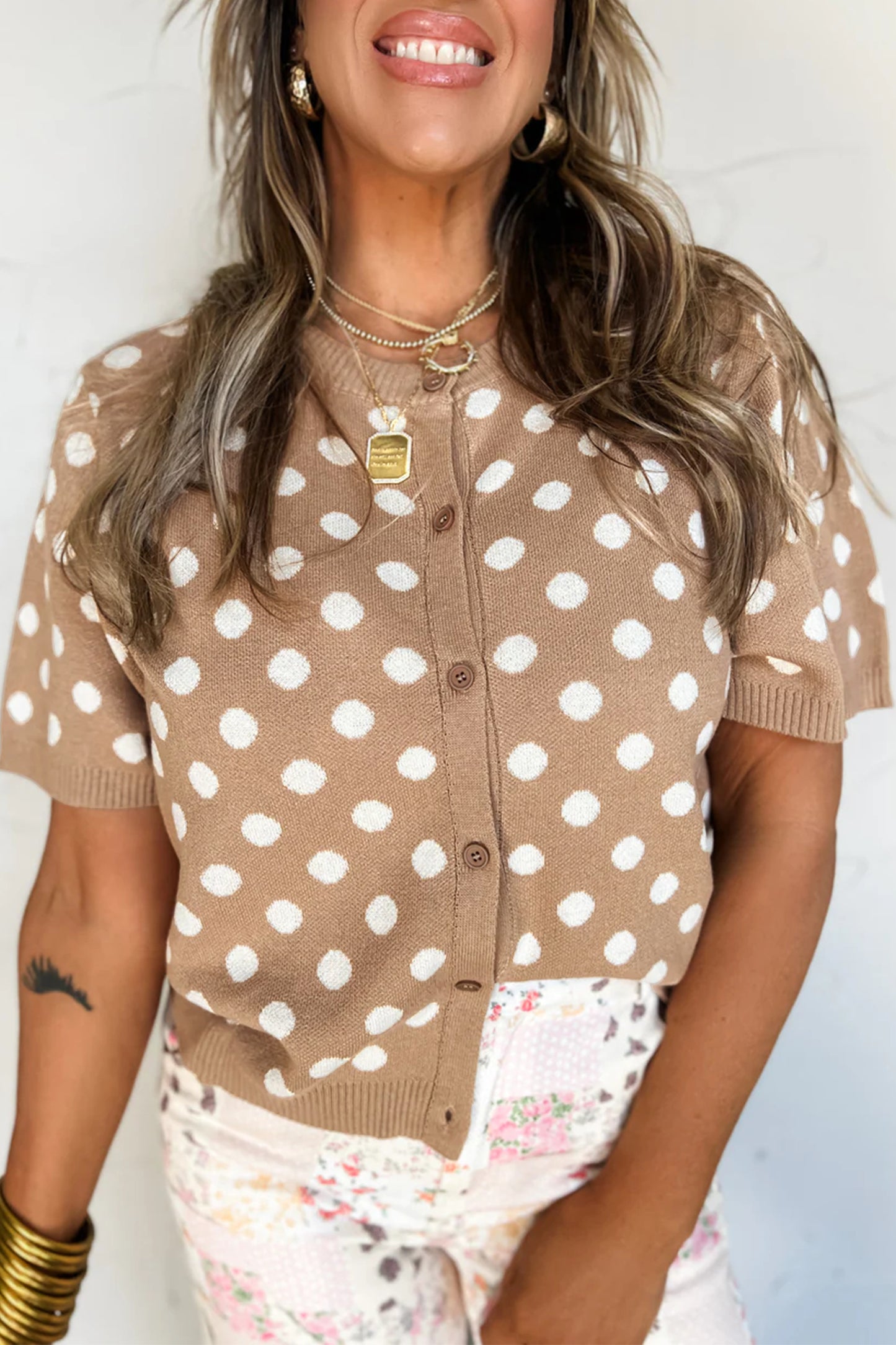 Dark Khaki Polka Dot Short Sleeve Button Down Sweater Cardigan