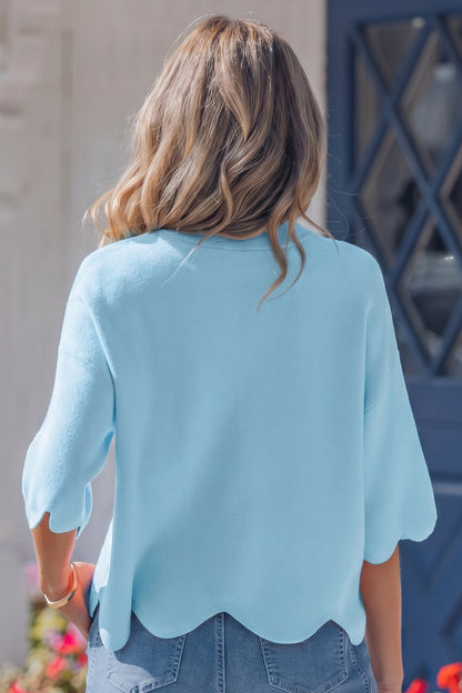 Pink Scalloped Hem 3/4 Sleeve Sweater Top