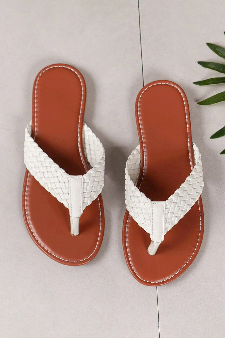 White Braided Strap PU Leather Flip Flop