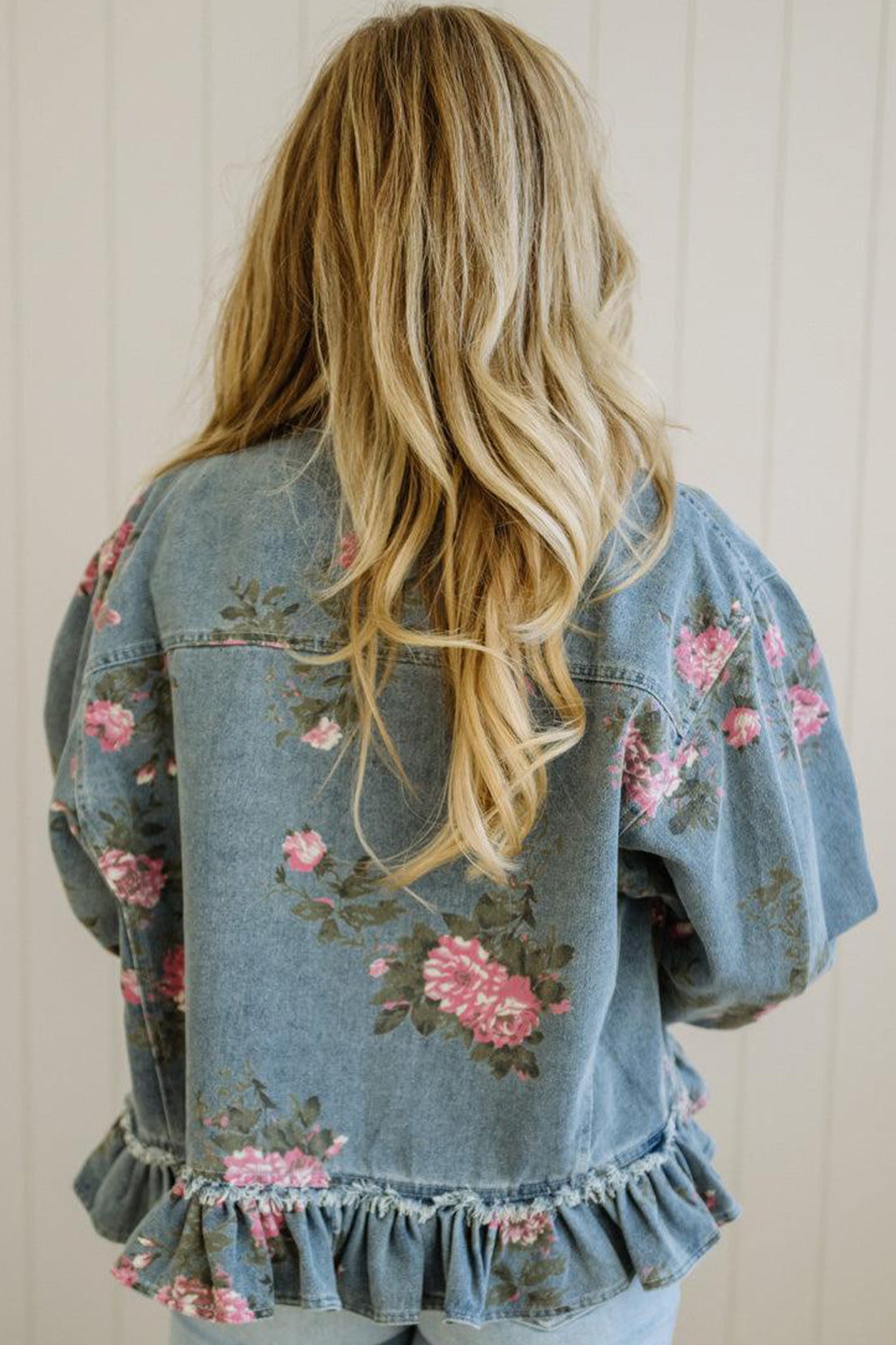 Sky Blue Floral Print Raw Seam Ruffle Hem Denim Jacket