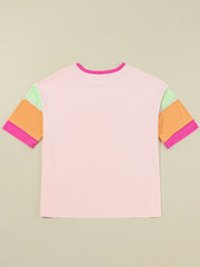 Letter Graphic Color Block Round Neck Half Sleeve T-Shirt