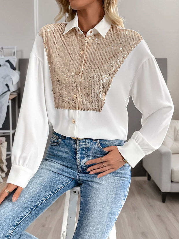 Perfee Sequin Contrast Collared Neck Long Sleeve Shirt