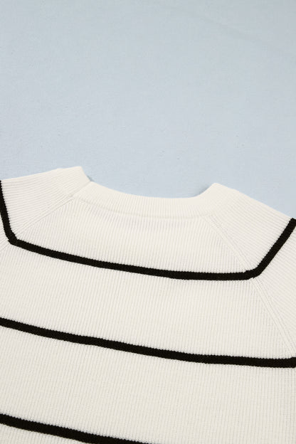 White Stripe Ribbed Knit Half Sleeve Loose Sweater Tee
