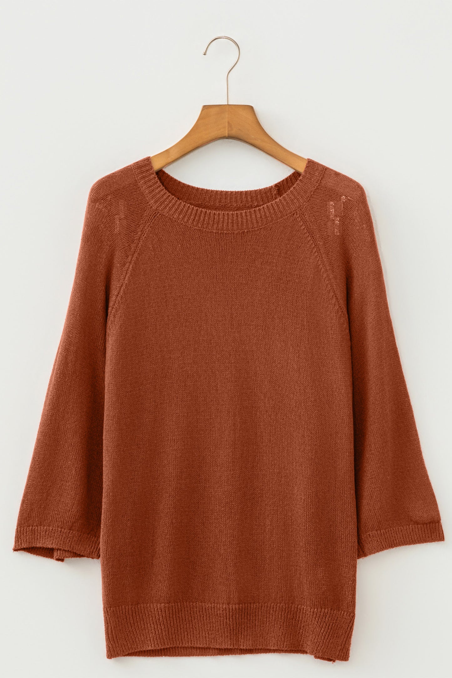 Coffee Ribbed Knit Round Neck Short Sleeve Sweater