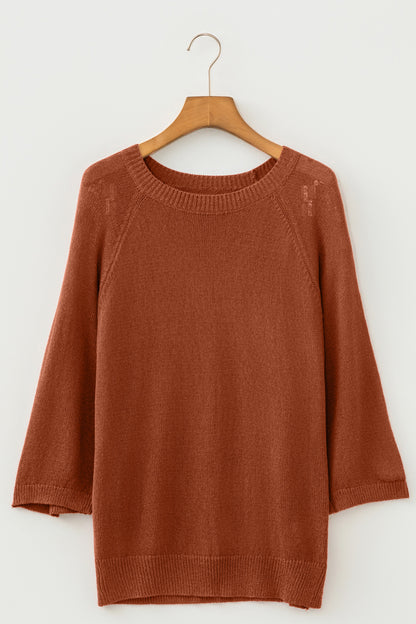 Coffee Ribbed Knit Round Neck Short Sleeve Sweater