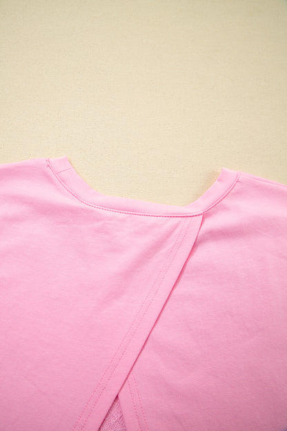 Pink Eyelash Floral Lace Patchwork Half Sleeve Oversize Tee