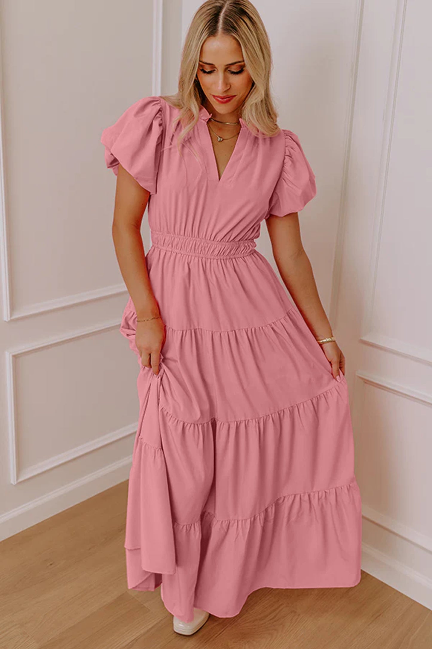 Bright Green Solid Color V Neck Short Puff Sleeve High Waist Tiered Maxi Dress