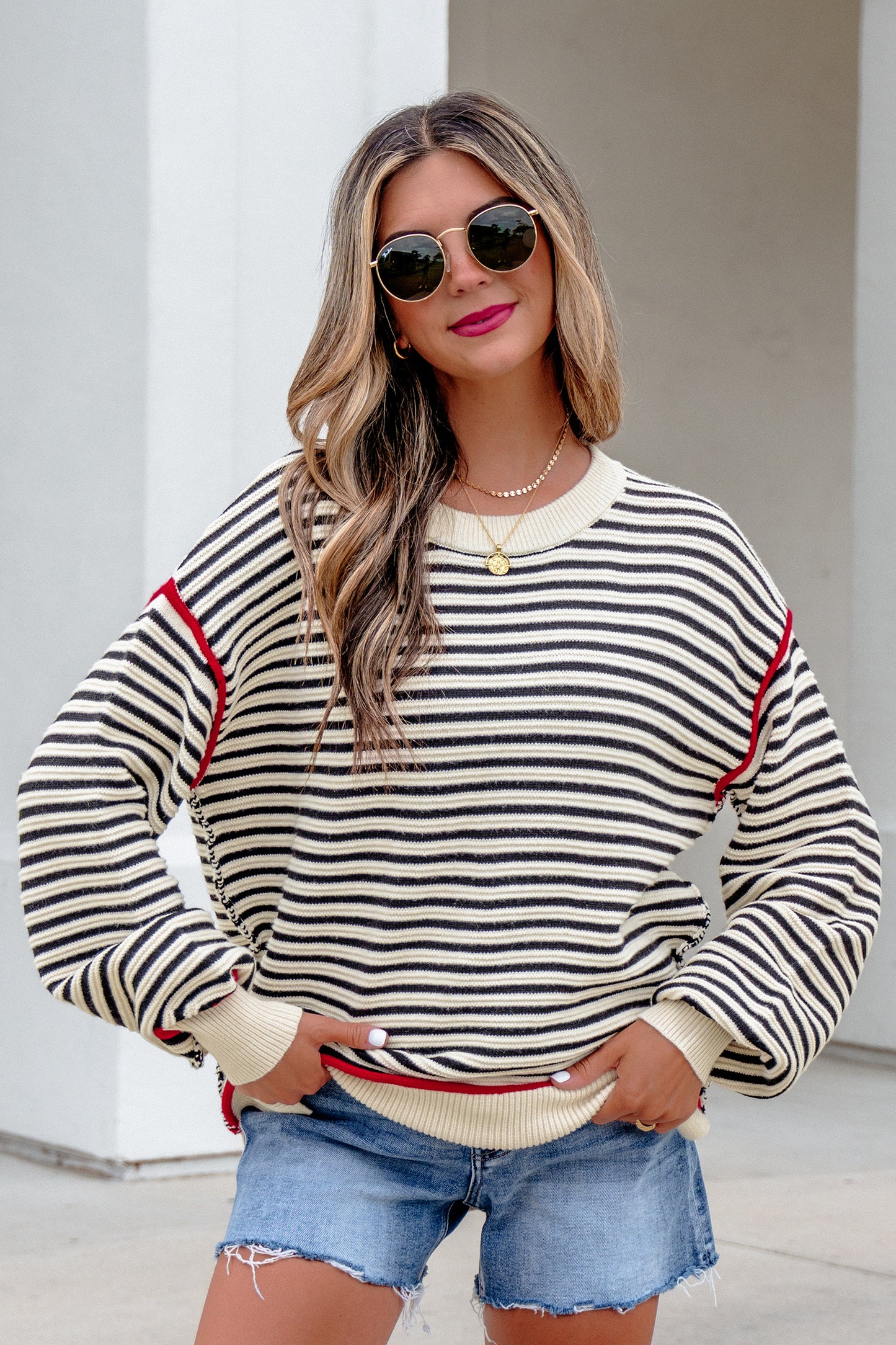 Black Stripe Ribbed Trim Drop Shoulder Oversized Sweater
