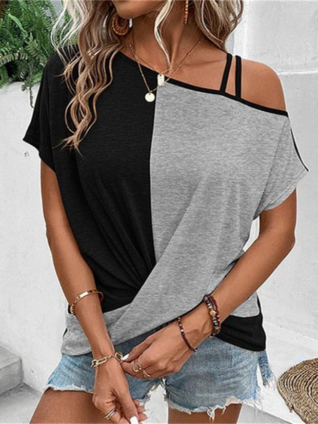 Contrast Asymmetrical Neck Short Sleeve T-Shirt